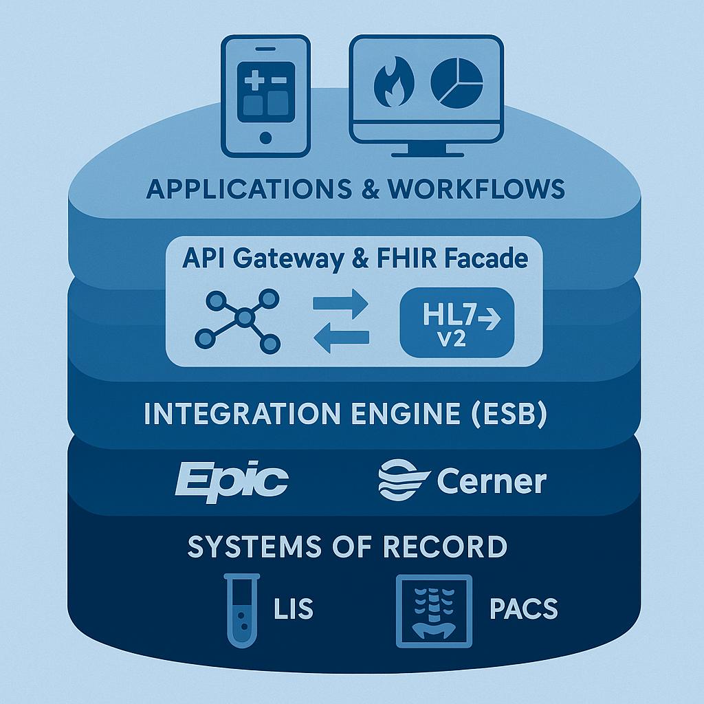 Healthcare data stack: LIS, PACS, Epic, Cerner to apps via ESB and FHIR/HL7 API gateway.
