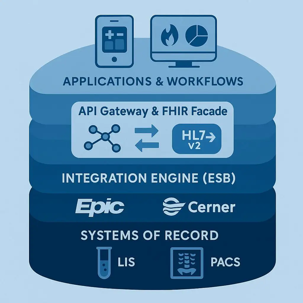 Healthcare data stack: LIS, PACS, Epic, Cerner to apps via ESB and FHIR/HL7 API gateway.